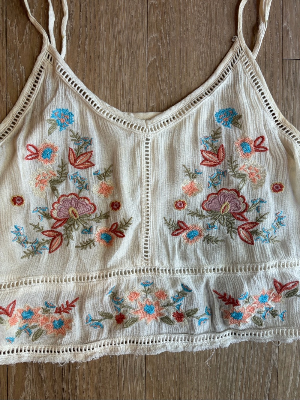 Embroidered Cream Floral Cropped Tank Top